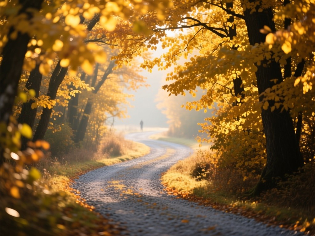 A winding gravel path through sunlit autumn trees, golden leaves overhead symbolizing discovery, soft focus on distant light, natural color palette, no people.