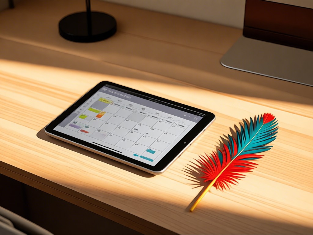 A minimalist desk setup with a tablet showing appointment calendar beside a vibrant feather. Warm afternoon lighting.