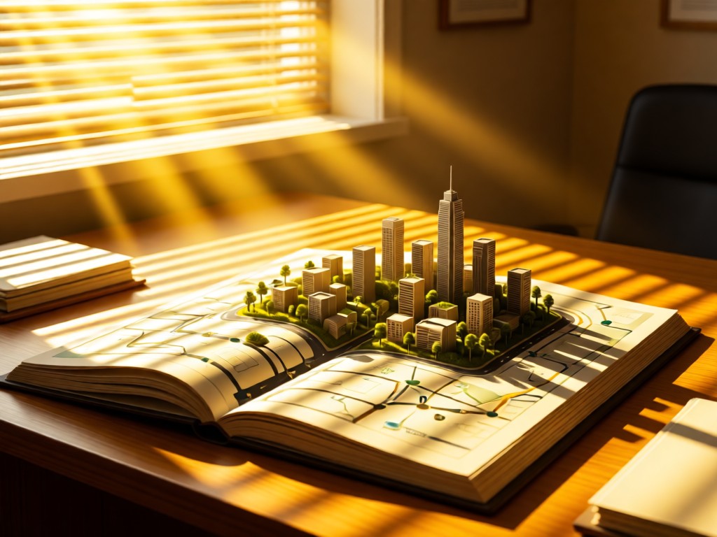 An open roadmap with a tiny model cityscape growing from it. Sunlight streams through window blinds onto the desk. Symbolizes local discovery and growth. Warm yellow tones. No people.