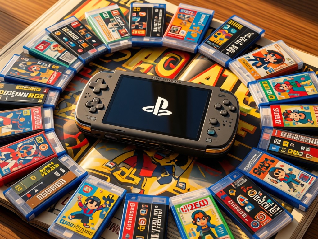 Aerial view of a limited edition PlayStation Vita console centered on a vintage gaming magazine. Surrounding game cartridges radiate outward. Golden hour lighting. No people.
