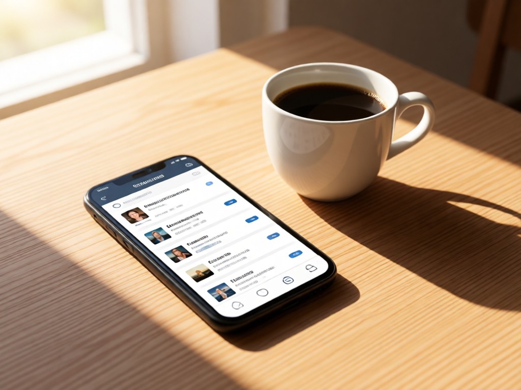 Smartphone displaying unified social feeds beside a coffee cup. Morning light creates soft shadows on a wooden table. Clean, minimalist composition. No people.