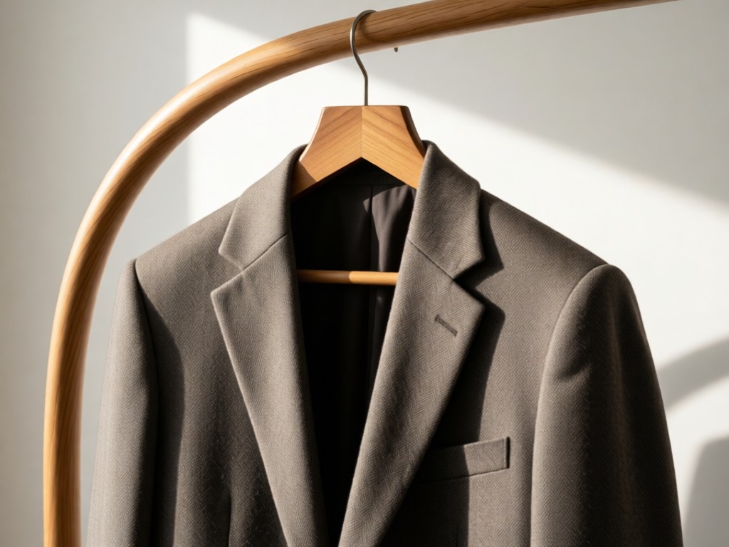 Single, perfectly tailored wool blazer on a curved oak hanger against a clean backdrop. Soft directional light emphasizes cut and drape. Symbolizes focus and premium presentation. No people.