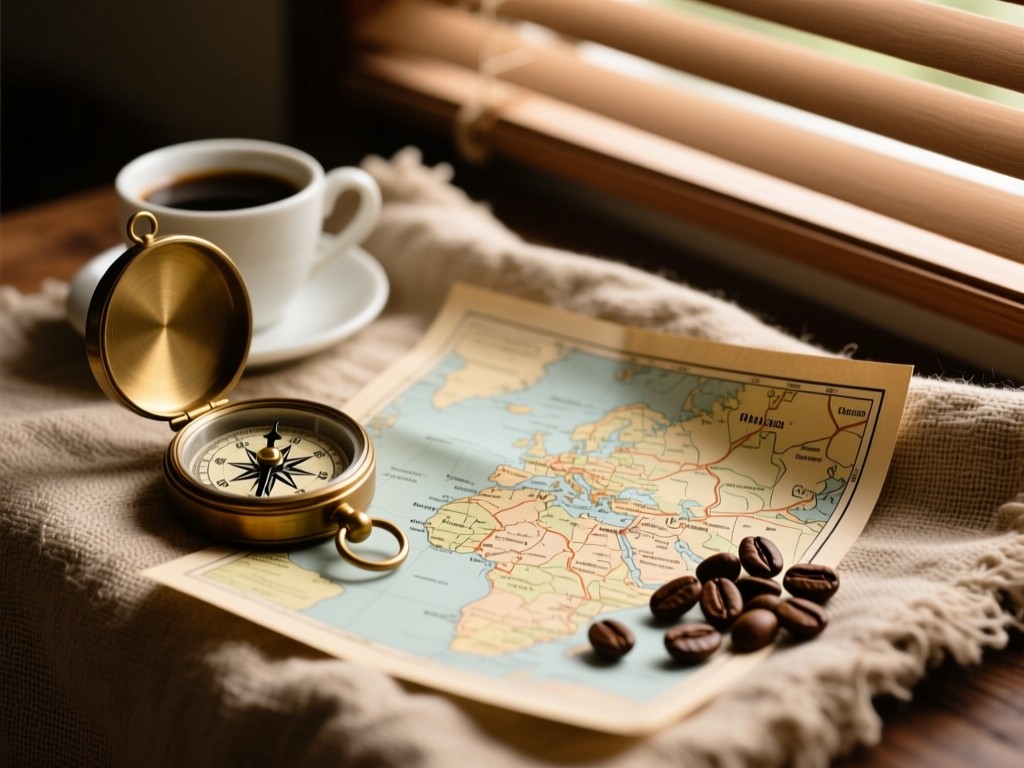 Artistic arrangement of a vintage compass, local map, and coffee beans on a textured linen cloth. Soft sunlight creates depth through window blinds. Earthy color palette conveying exploration. No people.