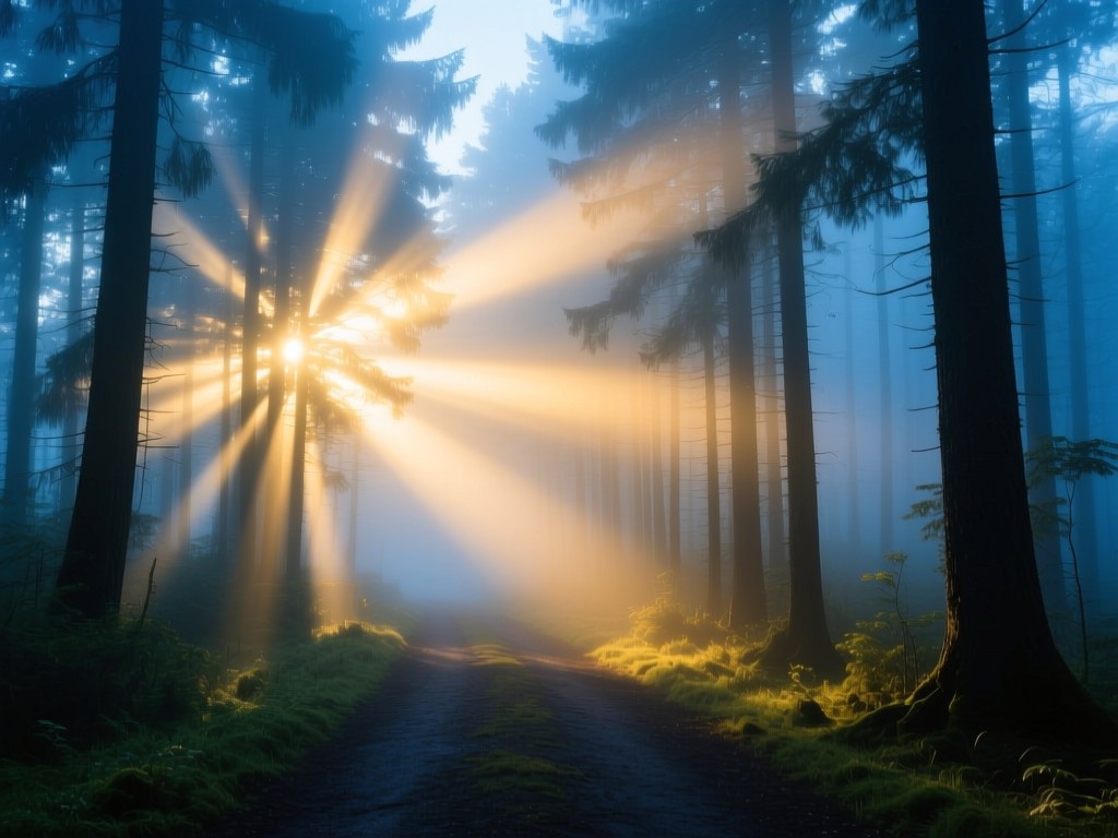 A misty forest path at dawn with sunrays piercing through trees, symbolic of discovery and clarity, cool blues blending with warm gold light, ethereal atmosphere, no human presence.