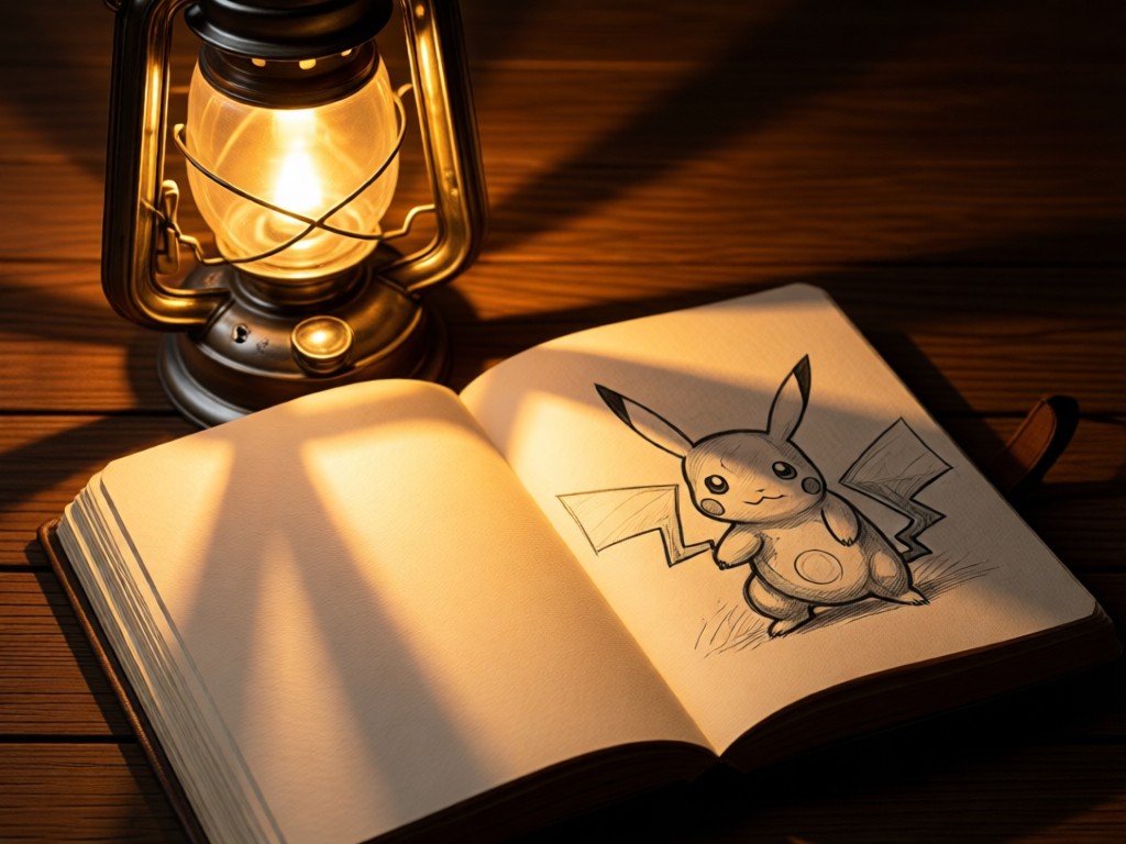 A festival lantern beside an open travel journal with sketched Pokemon. Soft shadows create depth on textured paper. No people.