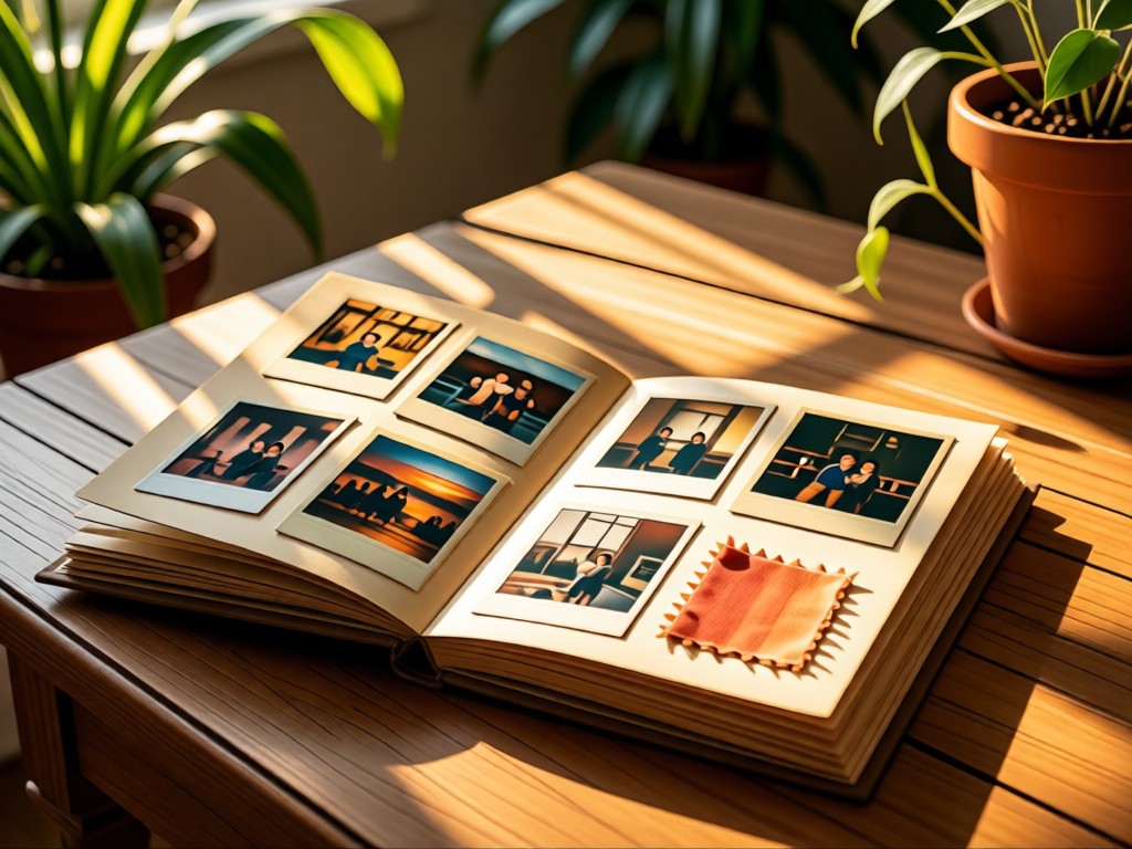 An open scrapbook displaying Polaroid photos and fabric swatches on a wooden table. Sunlight filters through nearby plants, casting soft shadows. Warm, nostalgic atmosphere. No people.