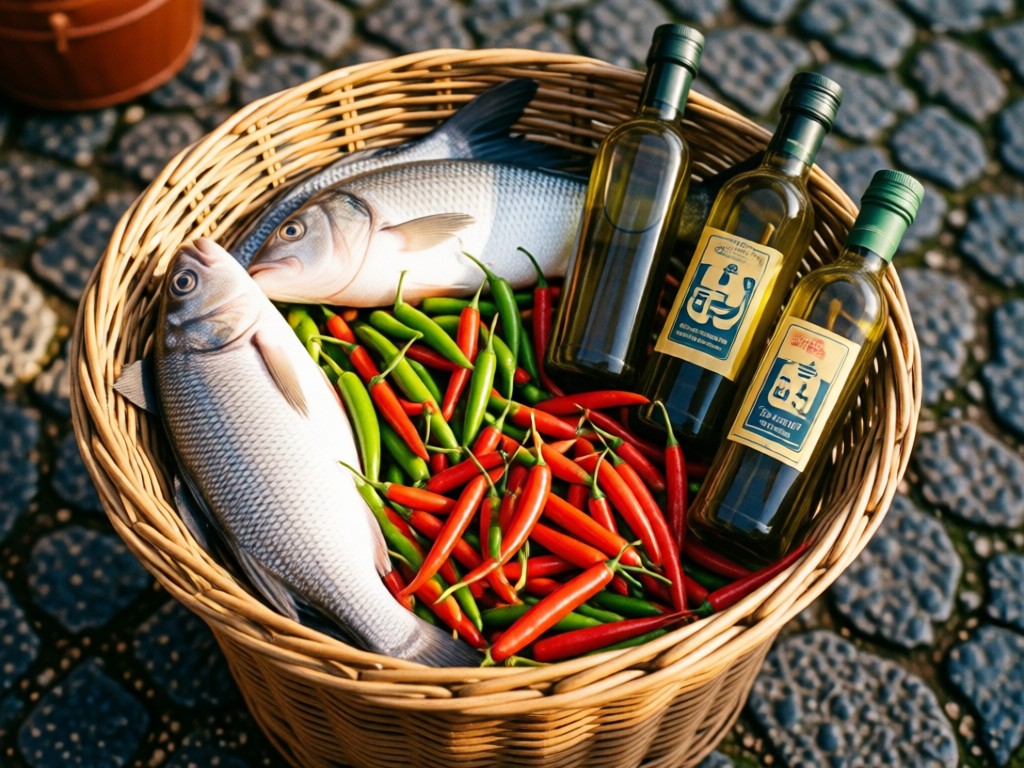 Aerial view of traditional Portuguese market basket overflowing with fresh fish, piri piri peppers, and olive oil bottles. Soft morning light highlights textures. Symbolizes curated ingredients. No people.