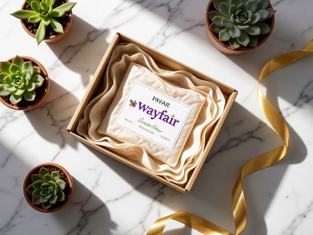 Overhead view of Wayfair packaging boxes with elegant tissue paper, surrounded by succulents and a gold ribbon. Soft shadows create depth on a marble surface. No people.