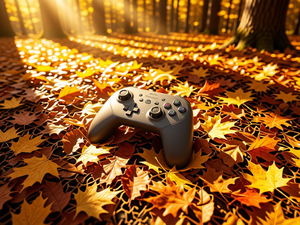 An aerial view of a single Nintendo Joy-Con controller resting on a bed of autumn leaves in a sunlit forest clearing. Symbolizes having essential tools in one focused location. Warm golden tones throughout.
