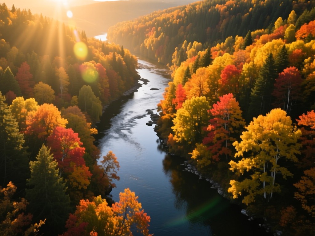 A winding river through autumn forest at golden hour, sunlight dappling through colorful leaves, symbolizing organic reach and discovery, vibrant natural tones, no human presence.