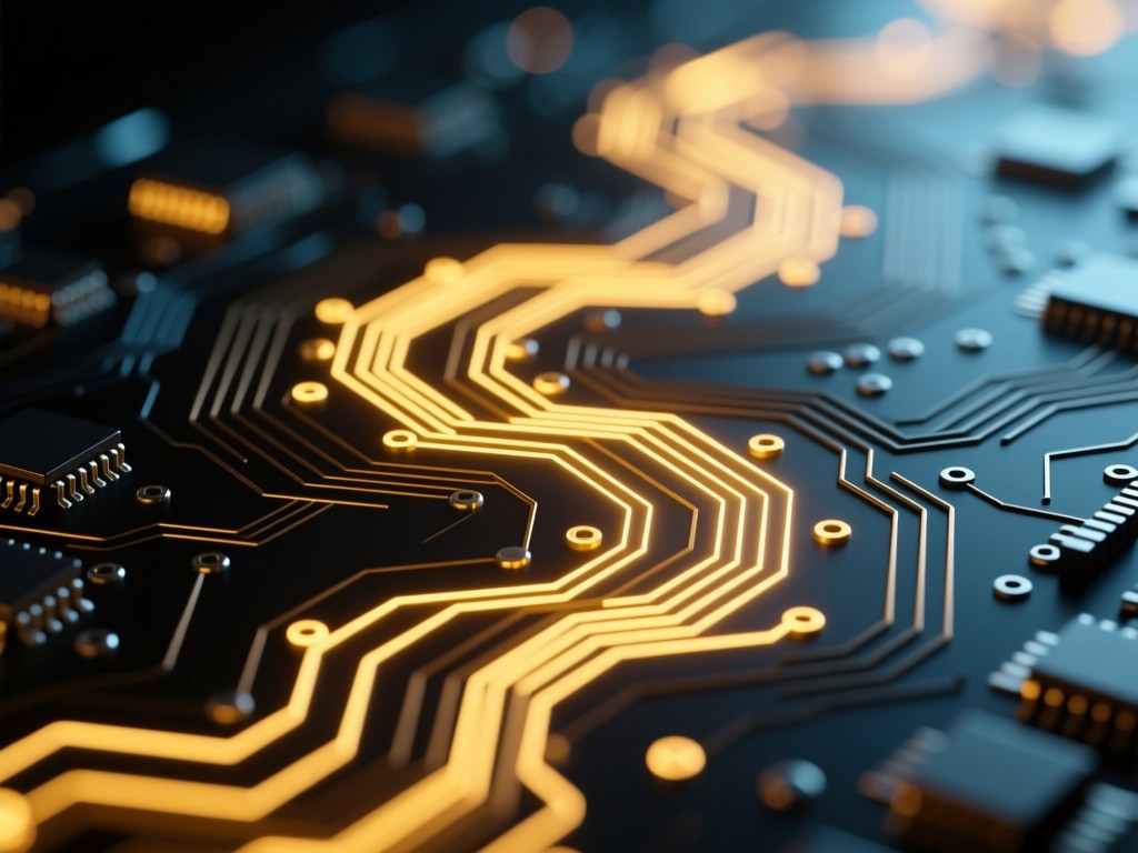 A winding circuit board path glowing with golden light on a dark surface, symbolic of digital discovery, warm highlights against cool background, shallow focus, no human elements.