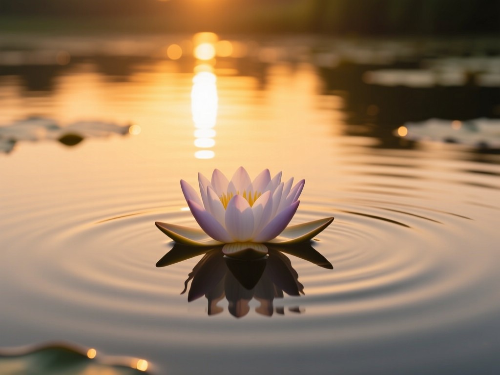 A single lotus flower floating in a still pond at sunset, golden light reflecting on water, symbolizing calm growth and holistic presence, soft ripples, natural color gradient, no people.