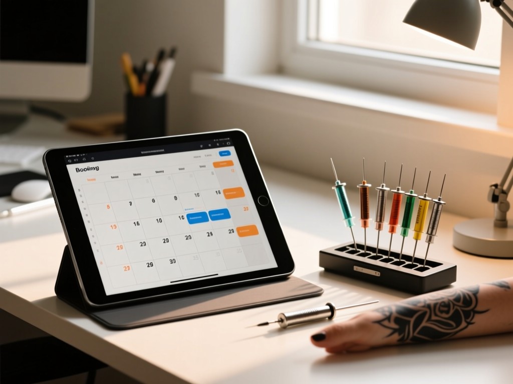 An open tablet displaying a booking calendar beside fresh tattoo needles, soft window light creating warm highlights, minimalist workspace composition, no visible text.