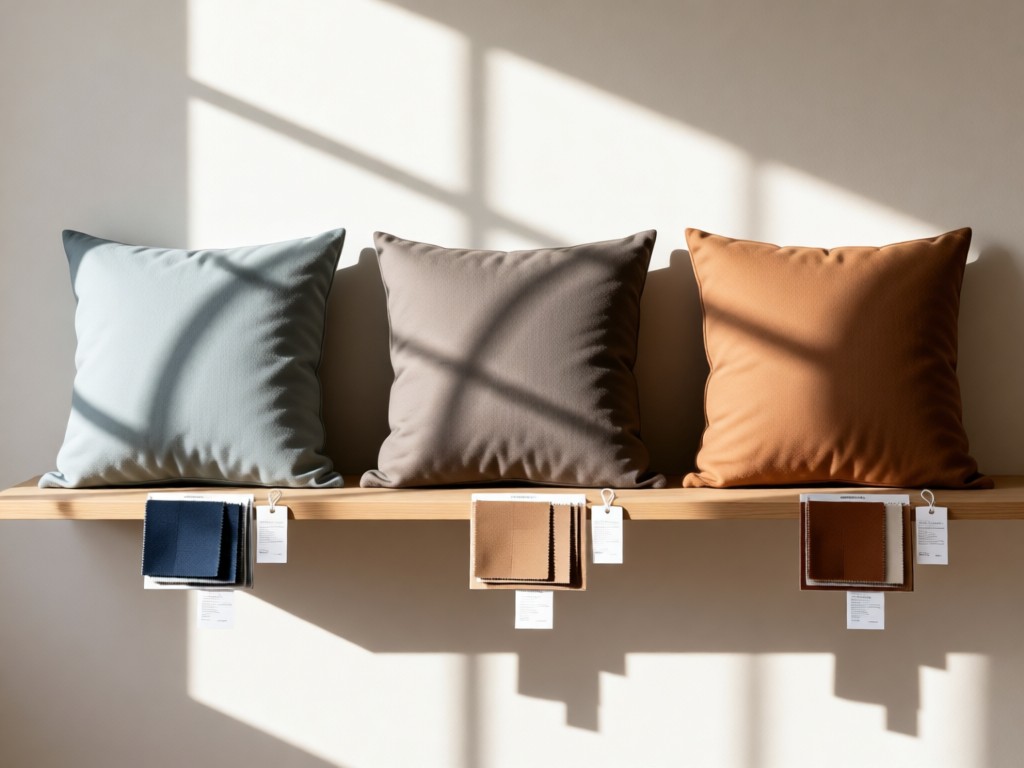 A minimalist shelf displaying three coordinated pillow collections by color story. Soft shadows, natural light. Each group has fabric swatches and care tags. No people.