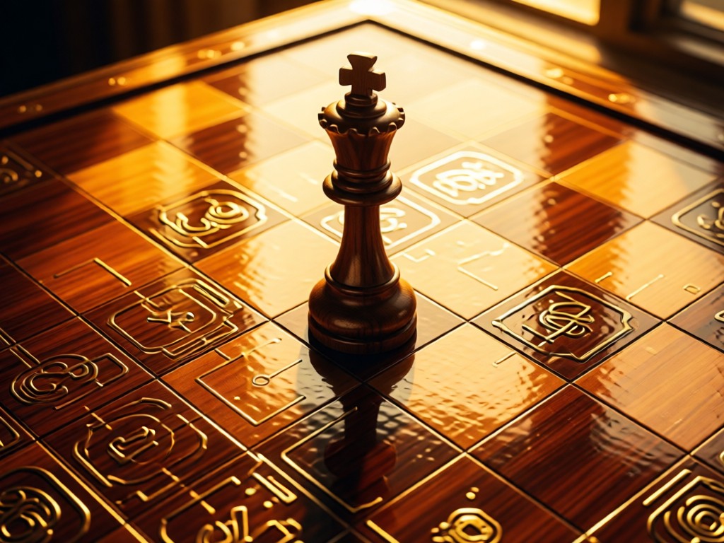 Aerial view of a vintage chess king piece centered on a polished strategy board. Golden hour light emphasizes power and strategic positioning. No people, symbolic of business mastery.