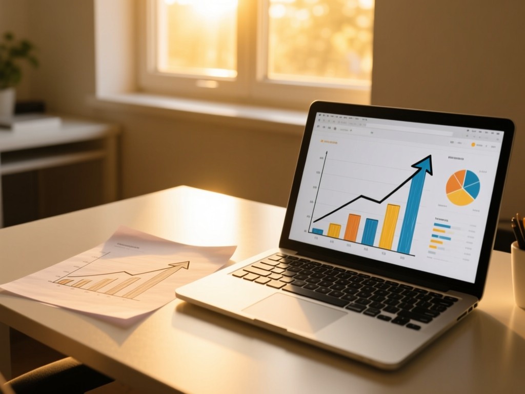 Upward arrow graph drawn on paper beside a laptop showing analytics. Golden light through window creates hopeful atmosphere. Clean desk setting. No people.