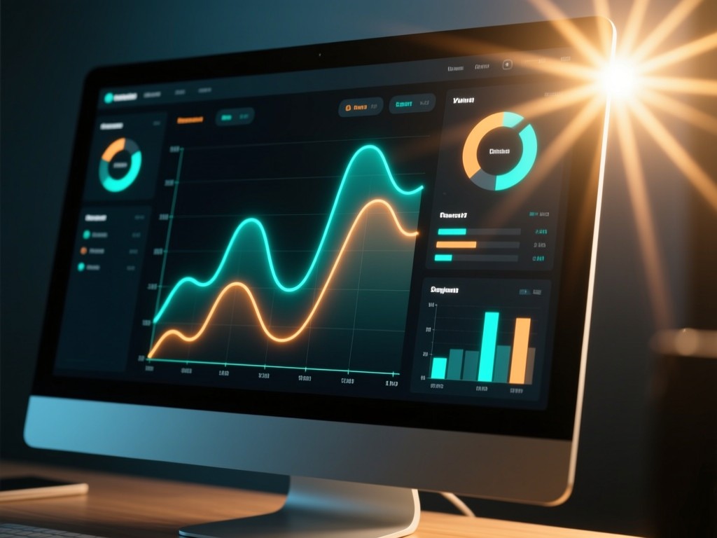 An abstract dashboard visualization glowing softly on a dark monitor. Graph lines in teal and amber. Sun rays hit the screen edge, creating lens flare.