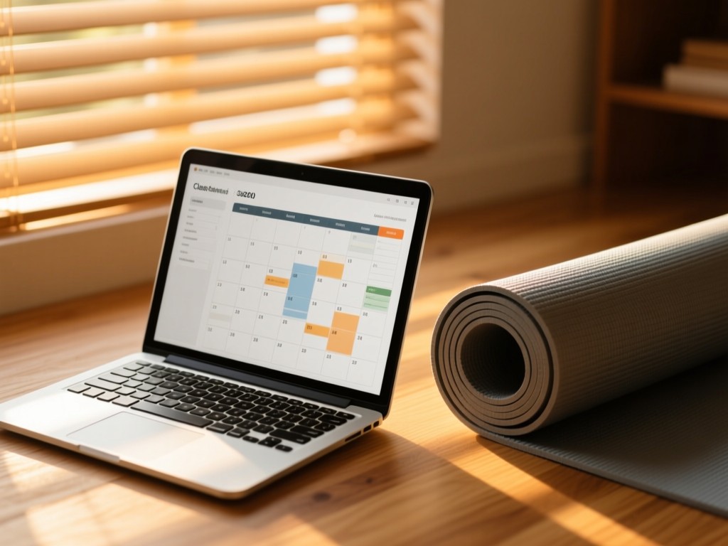 An open laptop displaying a clean class schedule beside a coiled yoga mat at golden hour, soft sunlight through blinds, warm wood textures, no visible screen content.
