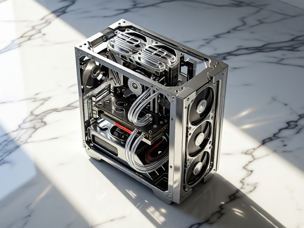Aerial view of a custom water-cooled PC on a marble surface. Sunlight glints off chrome fittings and clear tubing. The rig stands alone in negative space, symbolizing premium craftsmanship. No people.