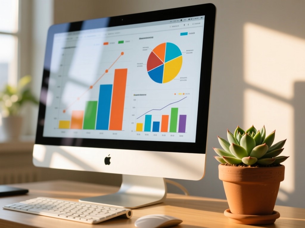 A desktop monitor displaying colorful sales charts beside a potted succulent. Morning light creates soft reflections on the screen. No people.