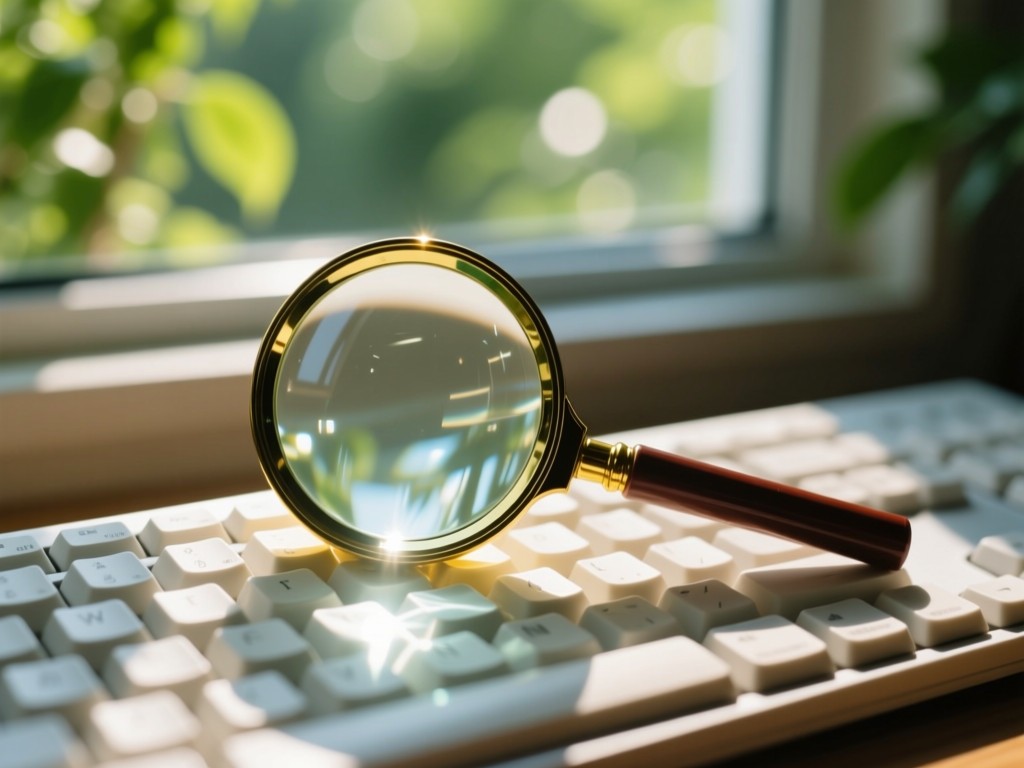 A magnifying glass resting on a keyboard with sunlight highlighting the glass. Blurred background shows greenery through a window.