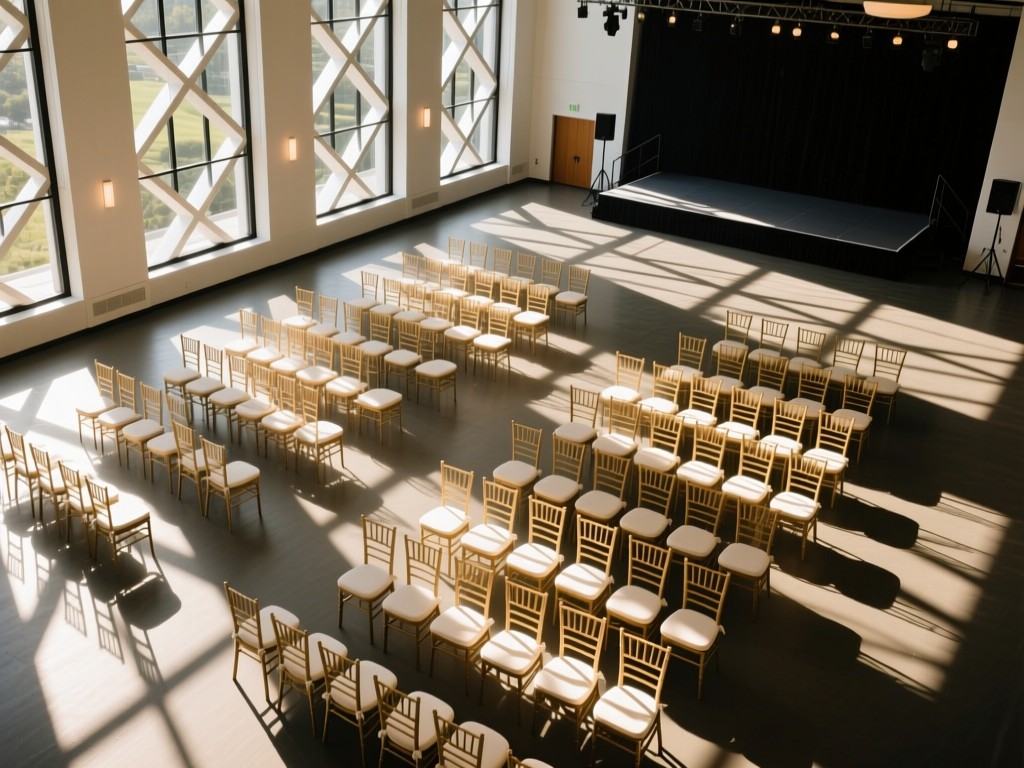 Aerial view of perfectly arranged reception chairs in an empty event space. Sunlight streams through tall windows creating geometric patterns. Symbolizes readiness and precision.