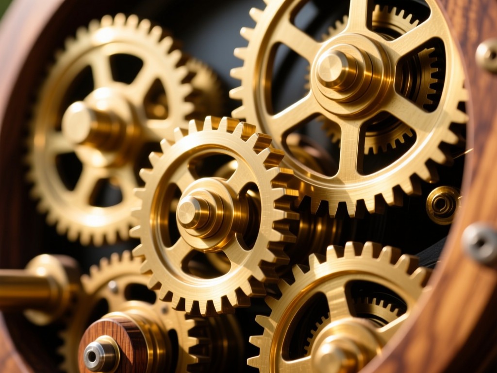 A close-up of interconnected gears made from polished brass and wood, symbolizing seamless integration. Warm sunlight highlights the mechanics. No people.