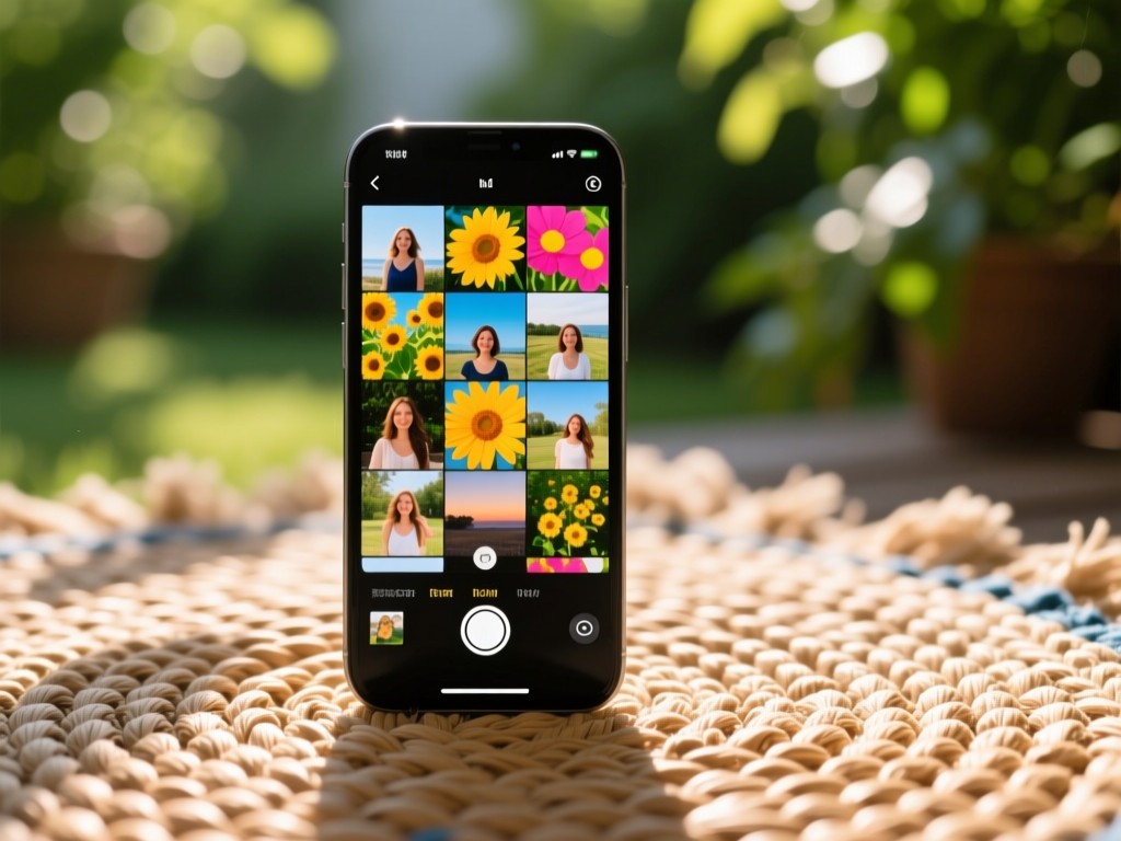 A smartphone displaying a vibrant photo grid on a woven rug. Sunlight highlights the screen. Blurred greenery in background. No faces visible.