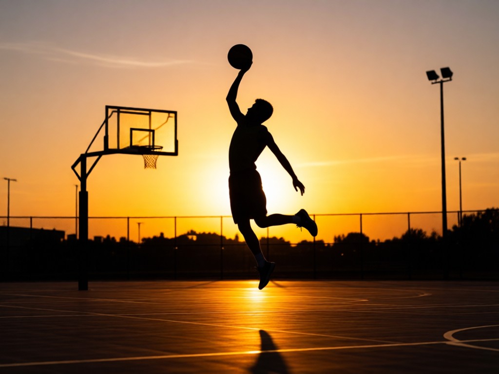 A single basketball mid-air against sunset sky over an empty court. Silhouetted hoop in background. Golden light emphasizes motion and focus. No people.
