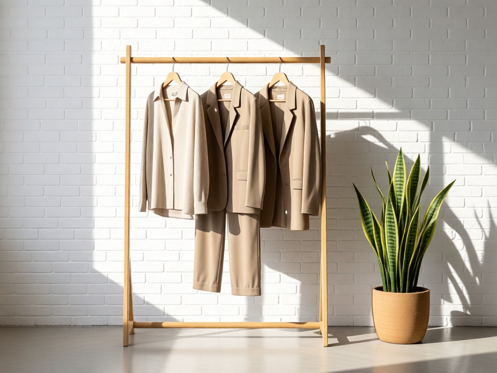 A minimalist clothing rack displaying three coordinated outfits against a white brick wall. Morning light creates clean shadows, with a potted snake plant adding organic texture. No people.