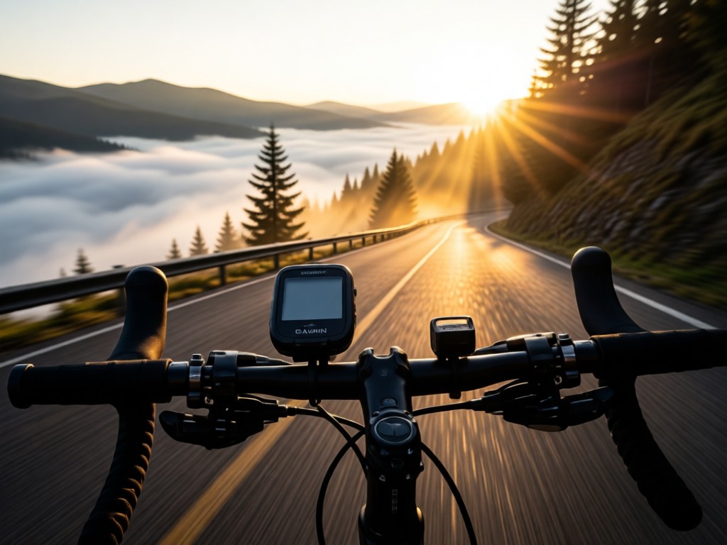 A Garmin cycling computer mounted on handlebars overlooking misty mountain roads. Sunrise backlight creates dramatic silhouettes of gear components. Motion implied. No people.