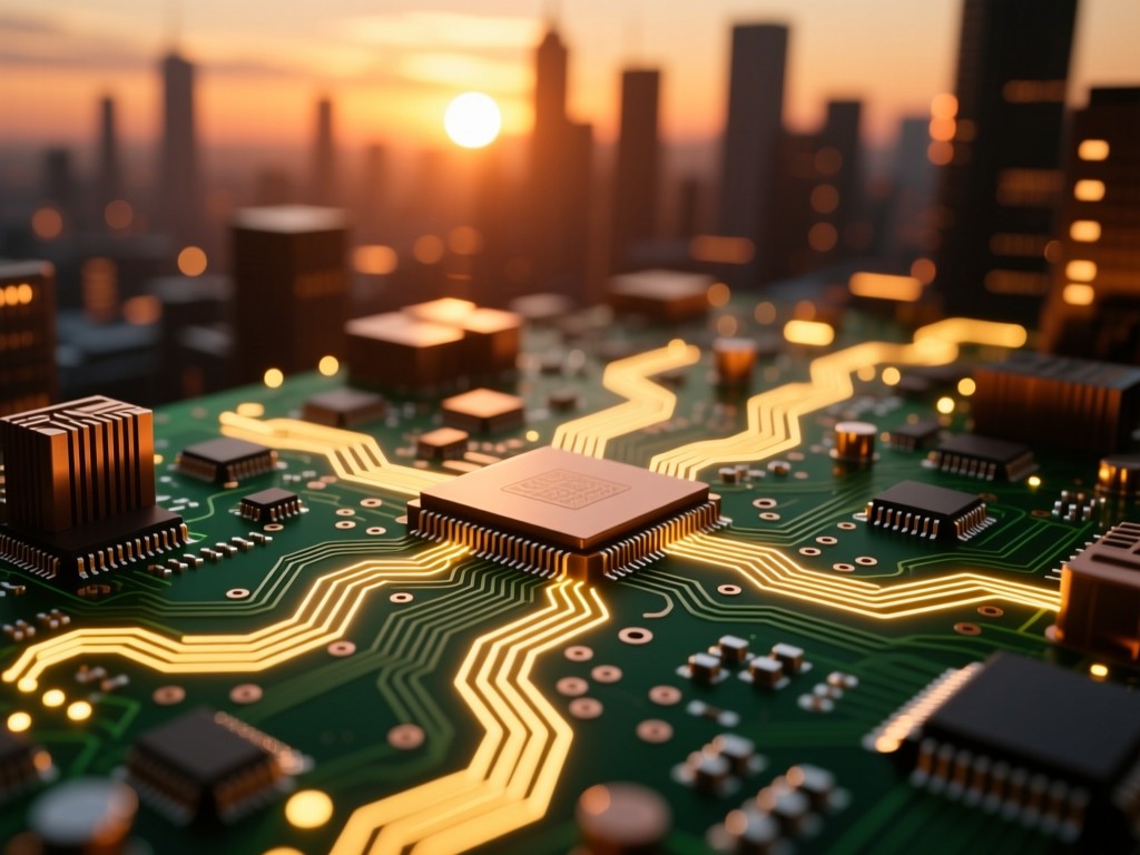 Circuit board pathways glowing with golden light at sunset, resembling a cityscape, shallow depth of field, warm copper tones against dark green PCB, symbolic of digital discovery, no text.