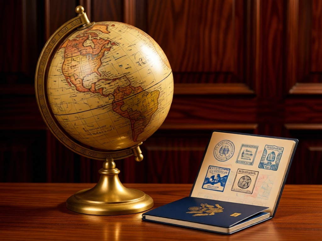 A vintage globe with brass stand beside an open passport showing elegant visa stamps. Warm light highlights texture. Deep wood tones in background. No people.