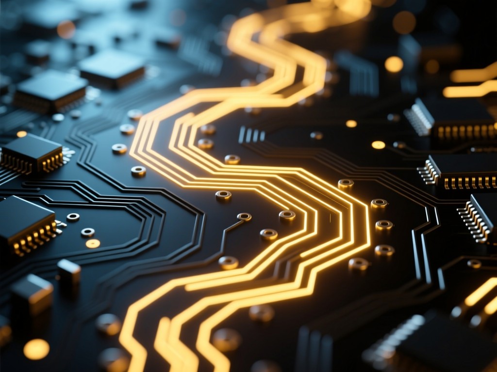 A winding circuit board path glowing with golden light on a dark surface, symbolizing digital discovery, warm highlights against cool background, shallow depth of field, tech aesthetic, no text or human elements.