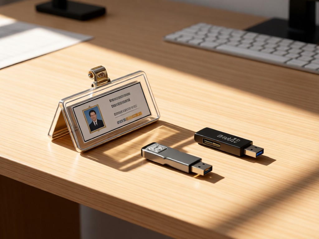 A minimalist desk with official badge holders and encrypted USB drives. Warm sunlight creates clean lines and soft shadows. No people.