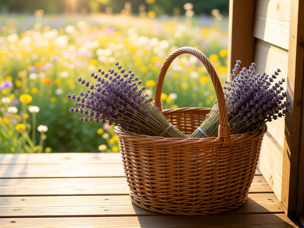 Close-up of handwoven willow baskets holding dried lavender bundles on a sunlit wooden porch. Soft focus on distant wildflower meadow. Golden light. No people.
