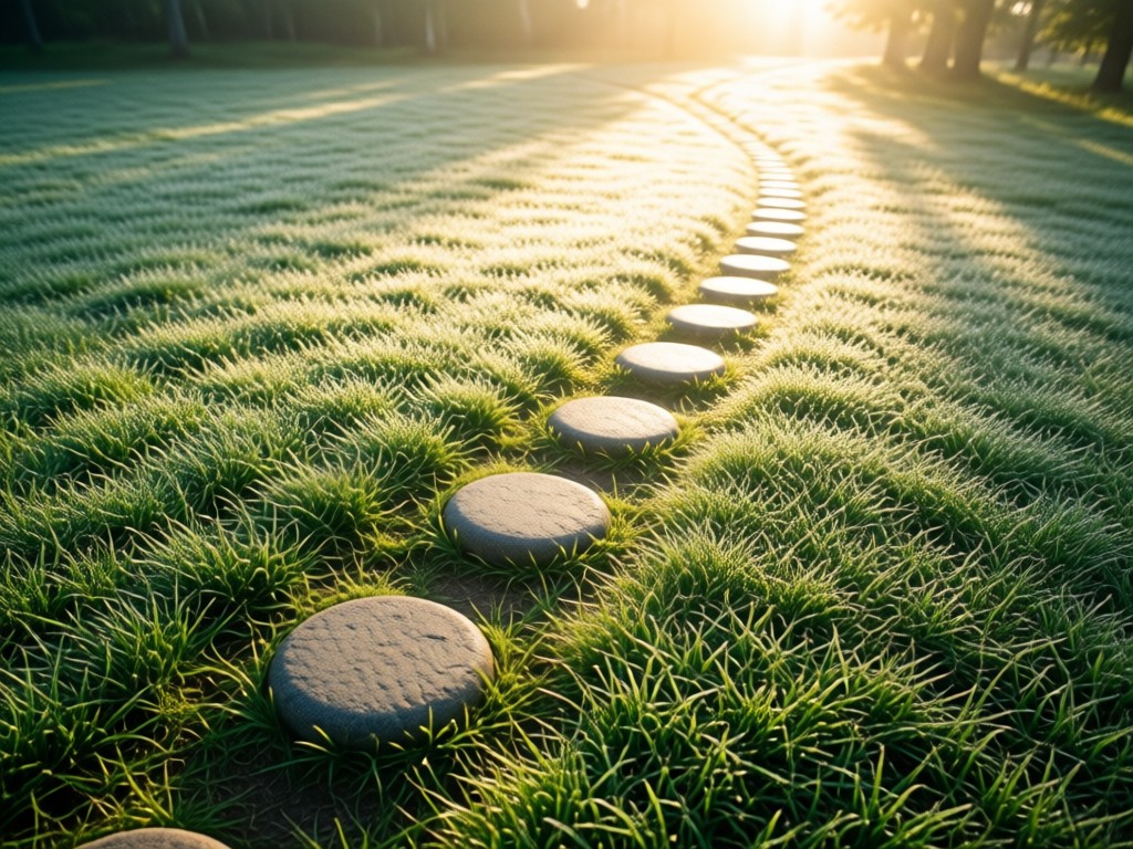Aerial view of a single stepping stone in dewy grass leading toward sunlit path. Symbolizes accessible beginnings. Soft morning light. No people.