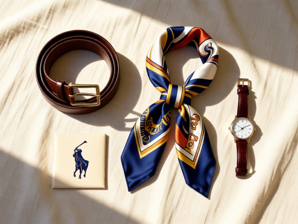 An aerial view of a perfectly arranged Polo Ralph Lauren accessories display: leather belt, silk scarf, and watch on a cream linen background. Soft shadows create depth while maintaining bright, clean aesthetics. No people.