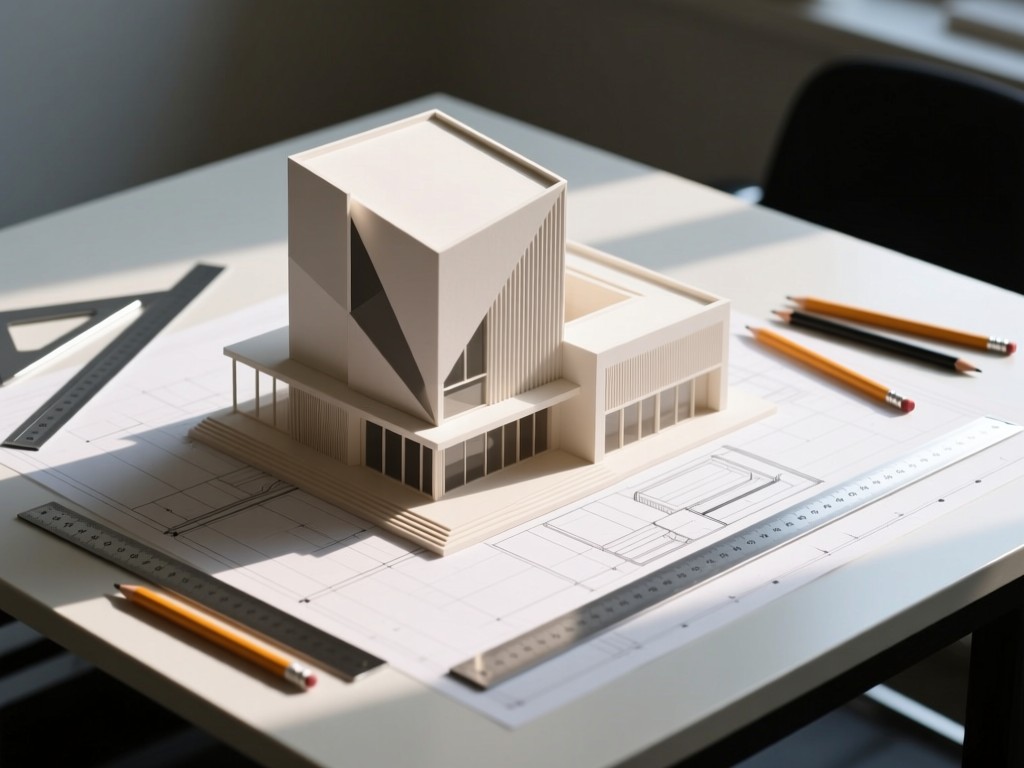 An abstract geometric building model on a drafting table surrounded by metallic rulers and sketch pencils. Soft directional light creates dramatic shadows. Clean composition with ample negative space.