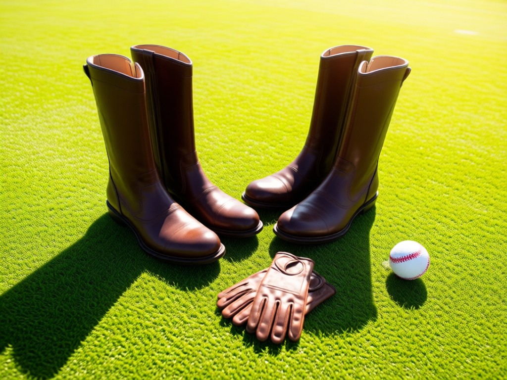 Aerial view of polo boots and gloves arranged neatly beside a single ball on sunlit turf. Represents organization and visibility. No people.