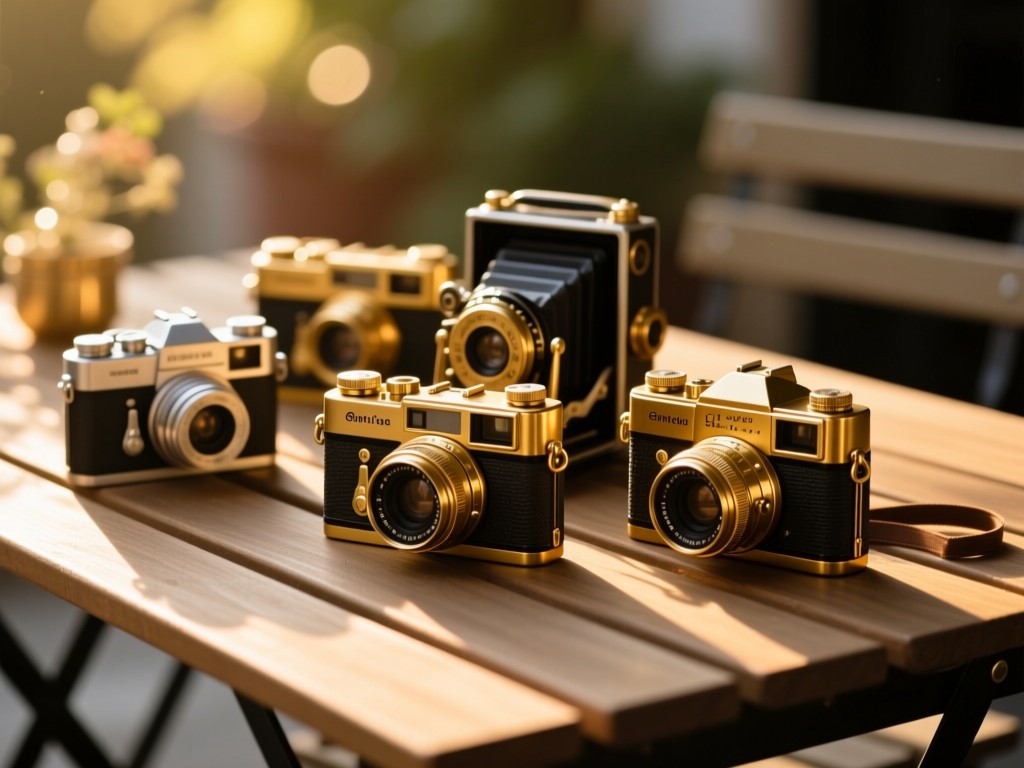 Vintage film cameras artfully arranged on a sunlit wooden table during golden hour, warm light highlighting brass details, shallow depth of field, soft shadows, no people.