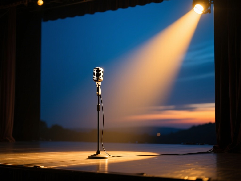 A single spotlight illuminating an empty stage microphone at golden hour, deep blue twilight backdrop, warm glow contrasting with shadows, symbolizing presence and opportunity.