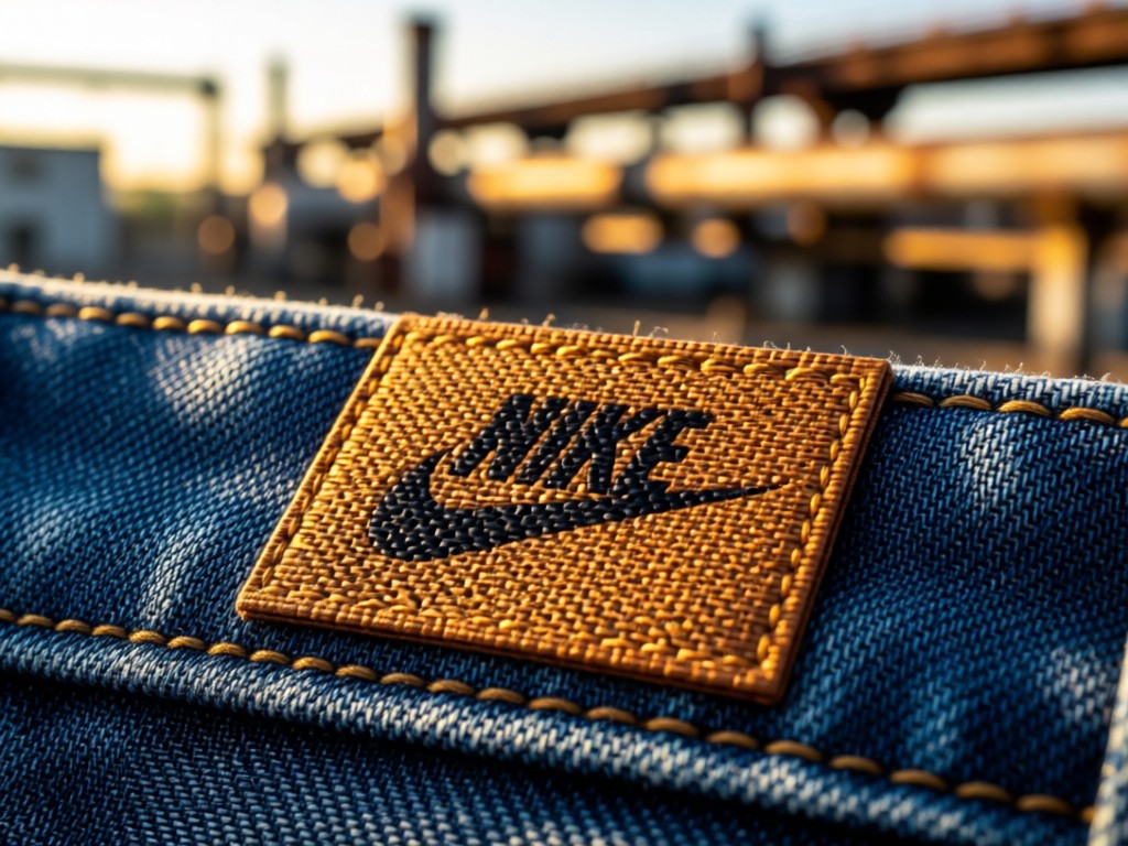 Macro shot of woven Nike tag against raw denim fabric. Golden afternoon sun highlights texture. Shallow depth of field with blurred industrial backdrop.