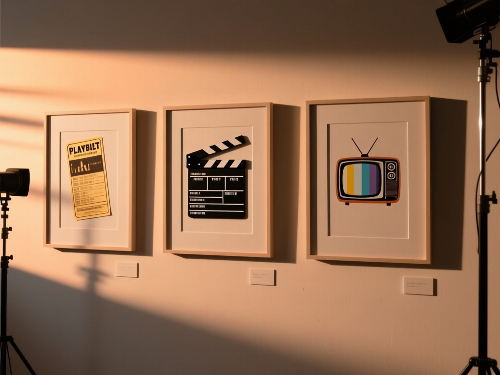 Three minimalist frames on a studio wall during sunset: one with playbill, one with film slate, one with TV logo, soft shadows, warm natural lighting, muted earth tones, no text.
