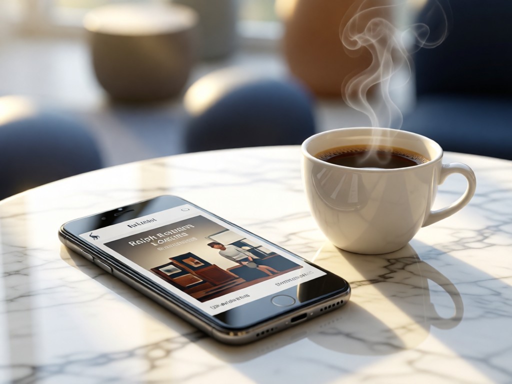 A sleek smartphone displaying a Ralph Lauren lookbook on a marble surface beside a steaming coffee cup. Morning light creates gentle reflections. Background shows abstract blurred shapes. No people.