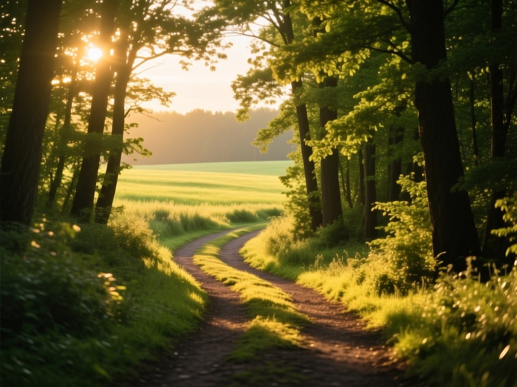 A winding forest path dappled with golden hour sunlight, leading toward a distant meadow, symbolizing discovery, soft shadows, vibrant greens, no human presence.