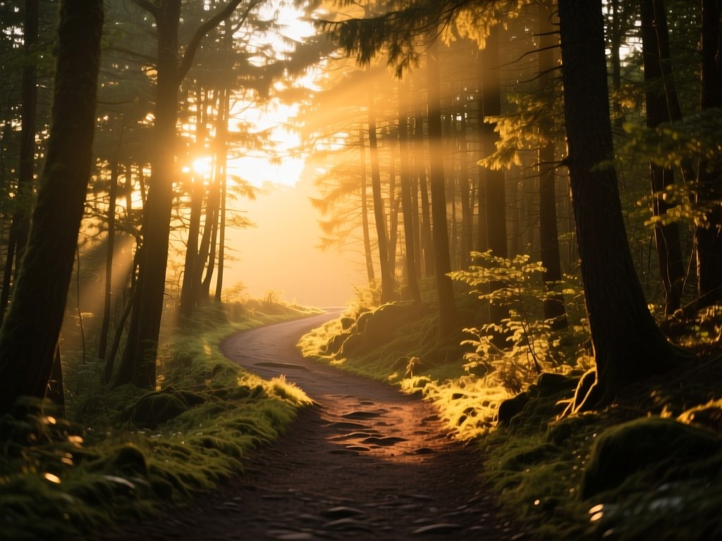 A winding forest trail during golden hour, sunlight filtering through trees, leading to a bright opening, symbolizing discovery, soft natural lighting, no people.
