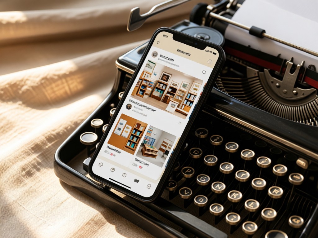 A smartphone displaying a clean thrift store interface, propped against a vintage typewriter. Sunlight highlights the screen and metallic details. Soft background of linen fabric textures. No people.