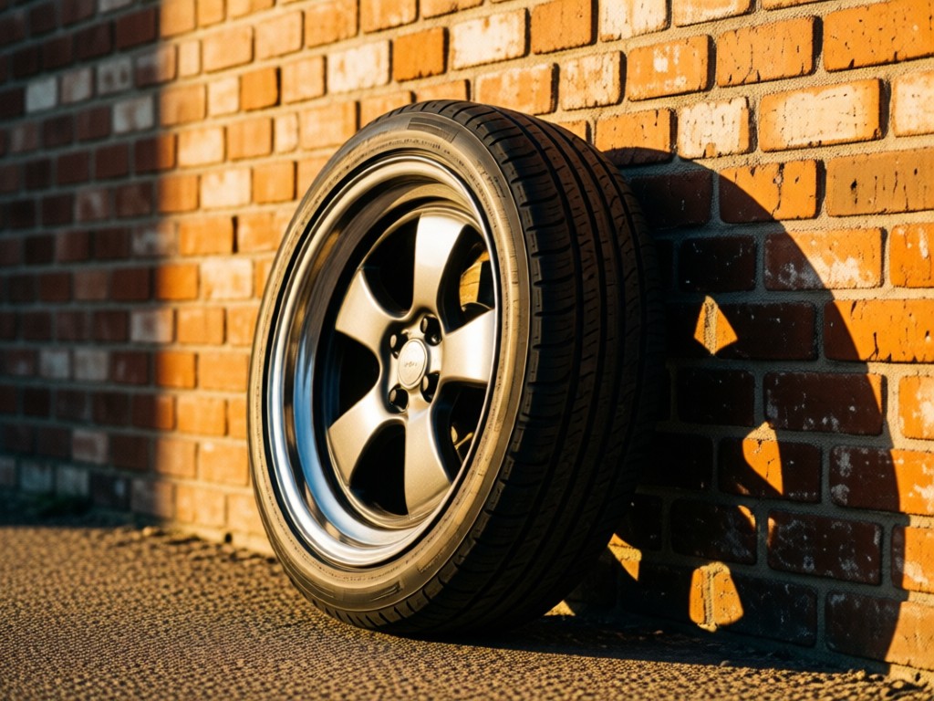 A single vintage Porsche 911 wheel leaning against a weathered brick wall in afternoon sun. Tire treads cast dramatic shadows. Symbolizes craftsmanship and singular focus. Warm tones and textured backdrop. No people.