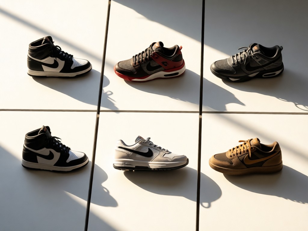 Minimalist grid of six diverse Nike sneakers on a white surface. Late afternoon sun creates clean shadows. Focus on varied silhouettes and textures.